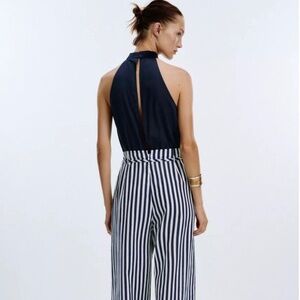 Zara Long Linen Jumpsuit Overalls Navy Blue White Stripe Sailor Core Wide Leg L